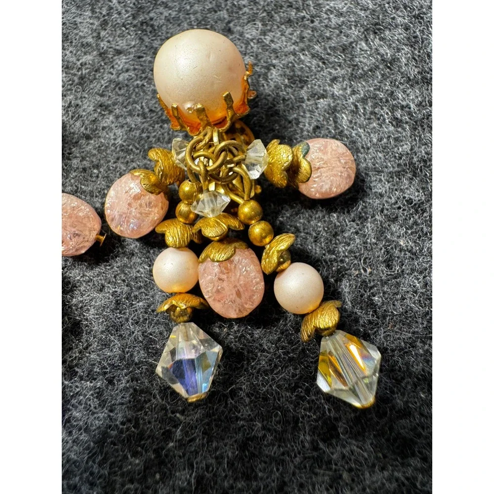 Vintage Pink Crackle Glass Faux Pearl Crystal Chandelier Clip On Earrings Gold